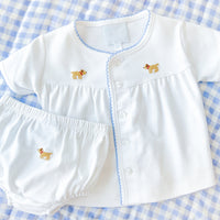 Little English classic children's clothing, white knit set with light blue picot trim and lab embroidery for baby boy. Classic gift set for baby