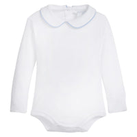 little english classic childrens clothing boys white onesie with peter pan collar and light blue piping on the collar