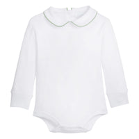 little english classic childrens clothing boys white onesie with peter pan collar and watercress green piping on the collar