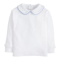 little english classic childrens clothing boys white shirt with peter pan collar and light blue piping on collar