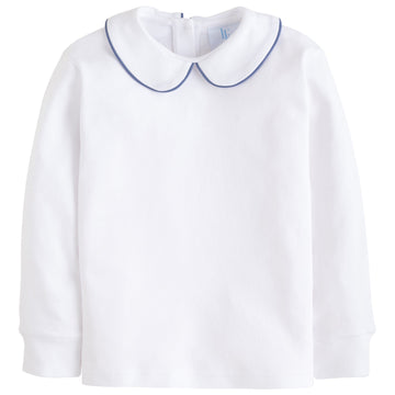 little english boys white shirt with peter pan collar and gray blue piping on the collar