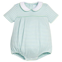 Little English classic pleated peter pan bubble in green, blue, and white greenview stripe, for baby boy