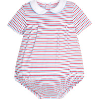 Little English classic children's clothing. Short sleeve knit peter pan bubble in red, blue, & white Primary Stripe for baby boys