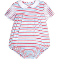 Little English classic children's clothing. Short sleeve knit peter pan bubble in red, blue, & white Primary Stripe for baby boys