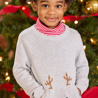 little english classic children's clothing gray sweater with reindeer front pocket, turtleneck in red stripe for holiday