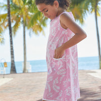 Little English classic knee length pink pocket shift dress with tropic pattern in white