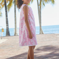 Little English classic knee length pink pocket shift dress with tropic pattern in white