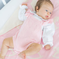 little english classic children's clothing baby girls light pink pointelle knit bubble with ruffle sleeve, pinpoint onesie with pink rocking horse motif, for baby girl