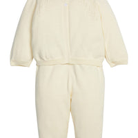Little English traditional children's clothing. Long sleeve and long pant cream pointelle sweater set for baby.