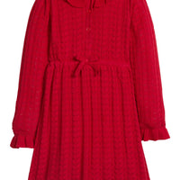 little english classic children's clothing girls red knit sweater dress with ruffle details and bow at waist for holiday