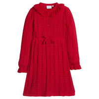 little english classic children's clothing girls red knit sweater dress with ruffle details and bow at waist for holiday