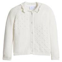 little english classic children's clothing girls cream cardigan with scalloped shawl collar and popcorn knot detailing