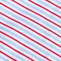 Little English traditional children's clothing. Red, white, and blue Primary Stripe fabric swatch