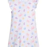 Little English classic printed angel sleeve dress with purple, pink, blue, and yellow seashells motifs and flutter sleeves, for little girl