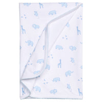 Little English traditional children's clothing. White pima cotton blanket with blue animal safari print for baby boys