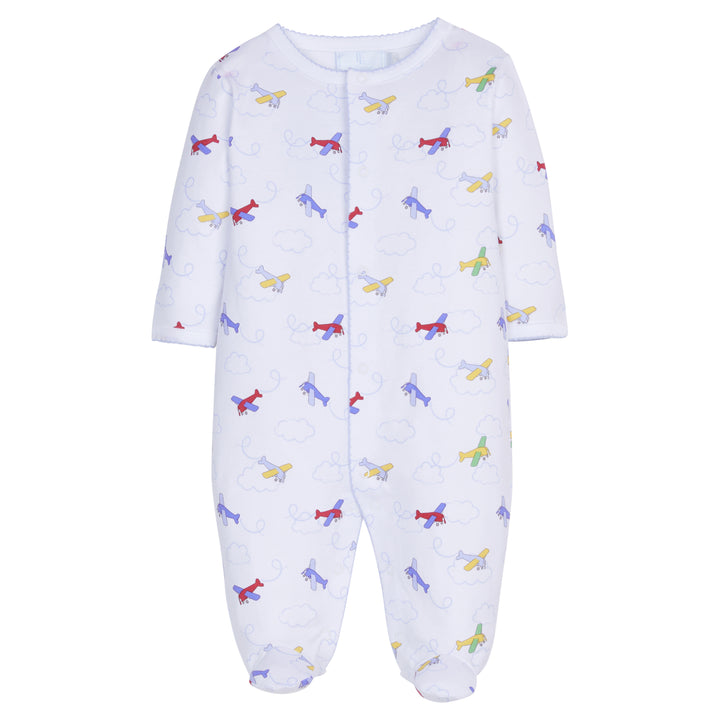 Little English classic children's clothing, baby long-sleeved footie with printed airplane motif and light blue picot trim