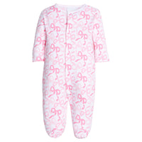 little english classic children's clothing baby girls footie in pink bows and ribbons all over print
