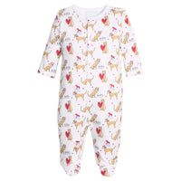 Little English pima cotton footie with dogs and heart balloons for valentine's day