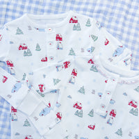 Little English traditional children's clothing, Ruffled printed Jammies in Christmas Village pattern, for little girl