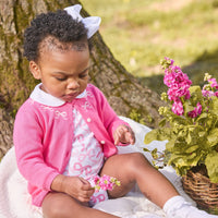 little english classic children's clothing baby girls essential cardigan in hot pink with embroidered white bows around neck, long sleeve bubble with all over pink bows print with peter pan collar, fall outfit for girls