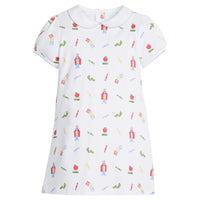 little english classic children's clothing girls peter pan collared dress with back to school motif print and light blue trim for back to school