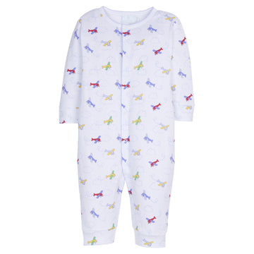 Little English classic children's clothing, baby long-sleeved romper with printed airplane motif and light blue picot trim