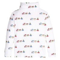 Little English classic children's clothing. White knit turtleneck with holiday train print