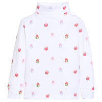 Little English classic children's clothing. White knit turtleneck with holiday present print