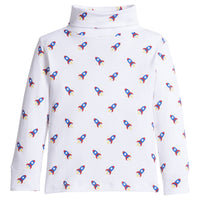 little english classic children's clothing unisex white turtleneck with blue and red rocket print