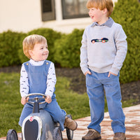 little english classic children's clothing, coordinating brother look with vintage racecar motifs and stormy blue corduroy pieces, outfits for fall