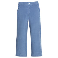 Little English classic pull on pants for little boys. Stormy blue corduroy pant with elastic waistband in back and faux button front.