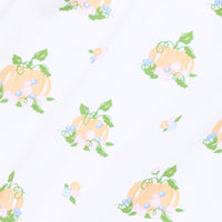 Little English traditional children's clothing. Cream based Pumpkin Floral Print fabric swatch