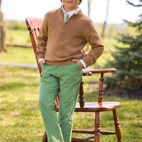 little english classic children's clothing boys chestnut brown quarter zip sweater, white button down shirt, classic pant in watercress green corduroy, neck tie in watercress gingham, outfit for fall