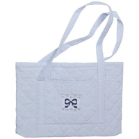 Little English classic children's quilted luggage light blue tote bag with navy bow embroidery