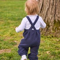 Little English classic children's clothing, quilted overall in navy, peter pan onesie in white, fall outfit for baby girl