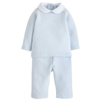 Little English traditional baby clothing, little boy's quilted sleep set in light blue with white peter pan collar