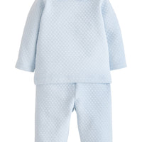 Little English traditional baby clothing, little boy's quilted sleep set in light blue with white peter pan collar
