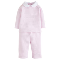 Little English traditional baby clothing, little girl's quilted sleep set in pink with white peter pan collar