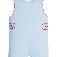 Little English, toddler boy's light blue John John with red piping and embroidered red hearts at the side tabs for Valentines