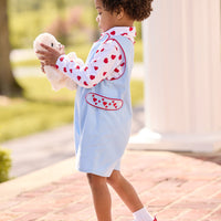 Little English, toddler boy's light blue John John with red piping and embroidered red hearts at the side tabs, printed turtleneck with heart pattern, outfit for Valentines