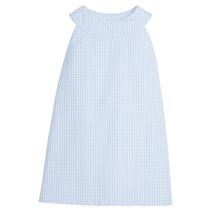 Little English traditional girl's clothing, light blue seersucker check halter dress for tweens