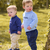 Little english classic children's clothing navy roll neck sweater, banded pant in pebble twill, light blue roll neck sweater, banded pant in navy, outfits for fall