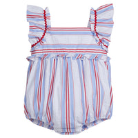 Little English traditional children's clothing. Red, white and blue striped seersucker bubble for baby girls for Summer. 4th of July outfit for baby girls