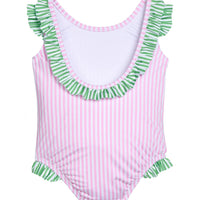 Little English traditional children's clothing. Pink striped swimsuit with scoop back and green striped ruffle details for little girls