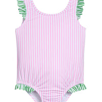 Little English traditional children's clothing. Pink striped swimsuit with scoop back and green striped ruffle details for little girls