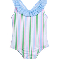 Little English traditional children's clothing. Pink, green, and blue striped swimsuit with blue ruffled top and for little girls