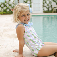 Little English traditional children's clothing. Pink, green, and blue striped swimsuit with blue ruffled top and for little girls
