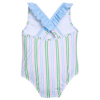 Little English traditional children's clothing. Pink, green, and blue striped swimsuit with blue ruffled top and for little girls