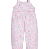 Little English traditional children's clothing. Light pink and green Windemere floral overall with ruffle detailing