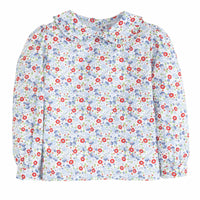 Little English classic kids clothing, girls blouse in red and blue floral pattern with ruffled peter pan collar